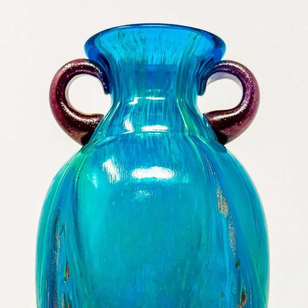 Dale Tiffany Vase Art Glass Teal Blue and Copper Applied Handles 9.5